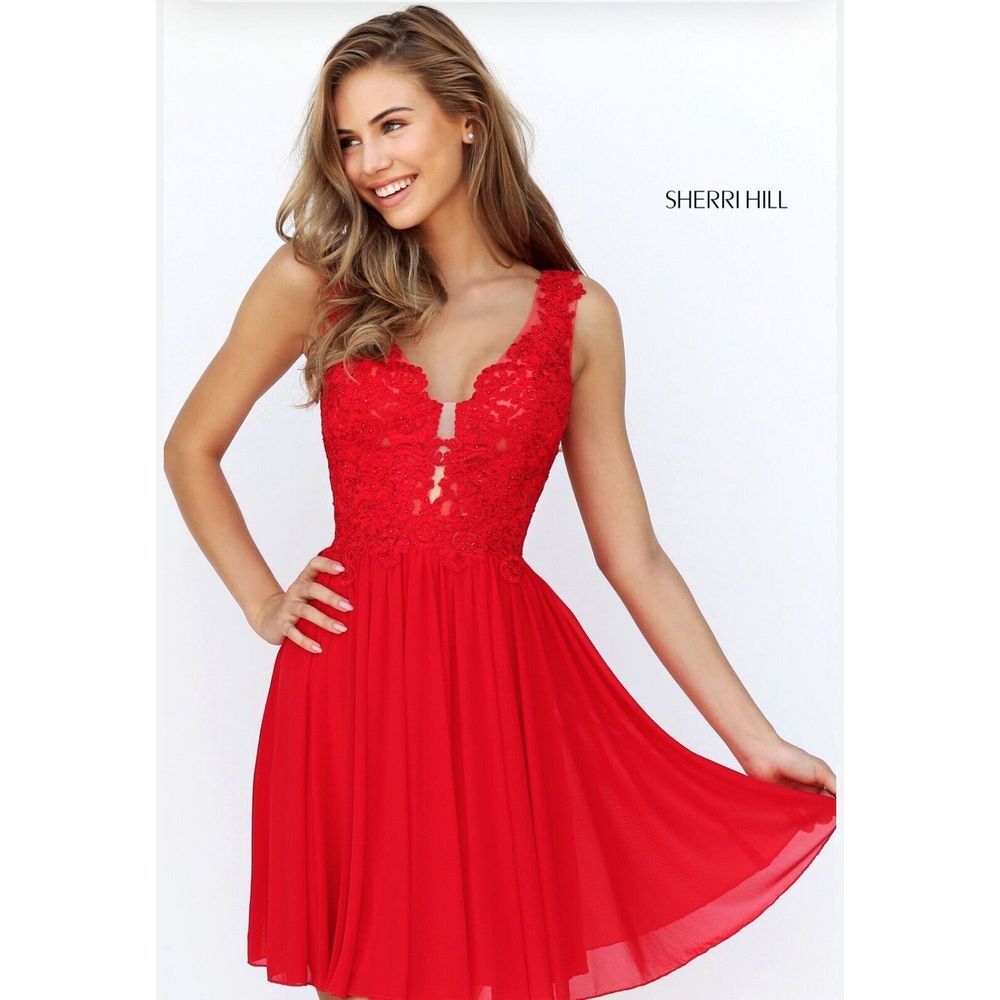 Sherri Hill Lace V neck bodice with low back and chiffon skirt Red size 8 -50756